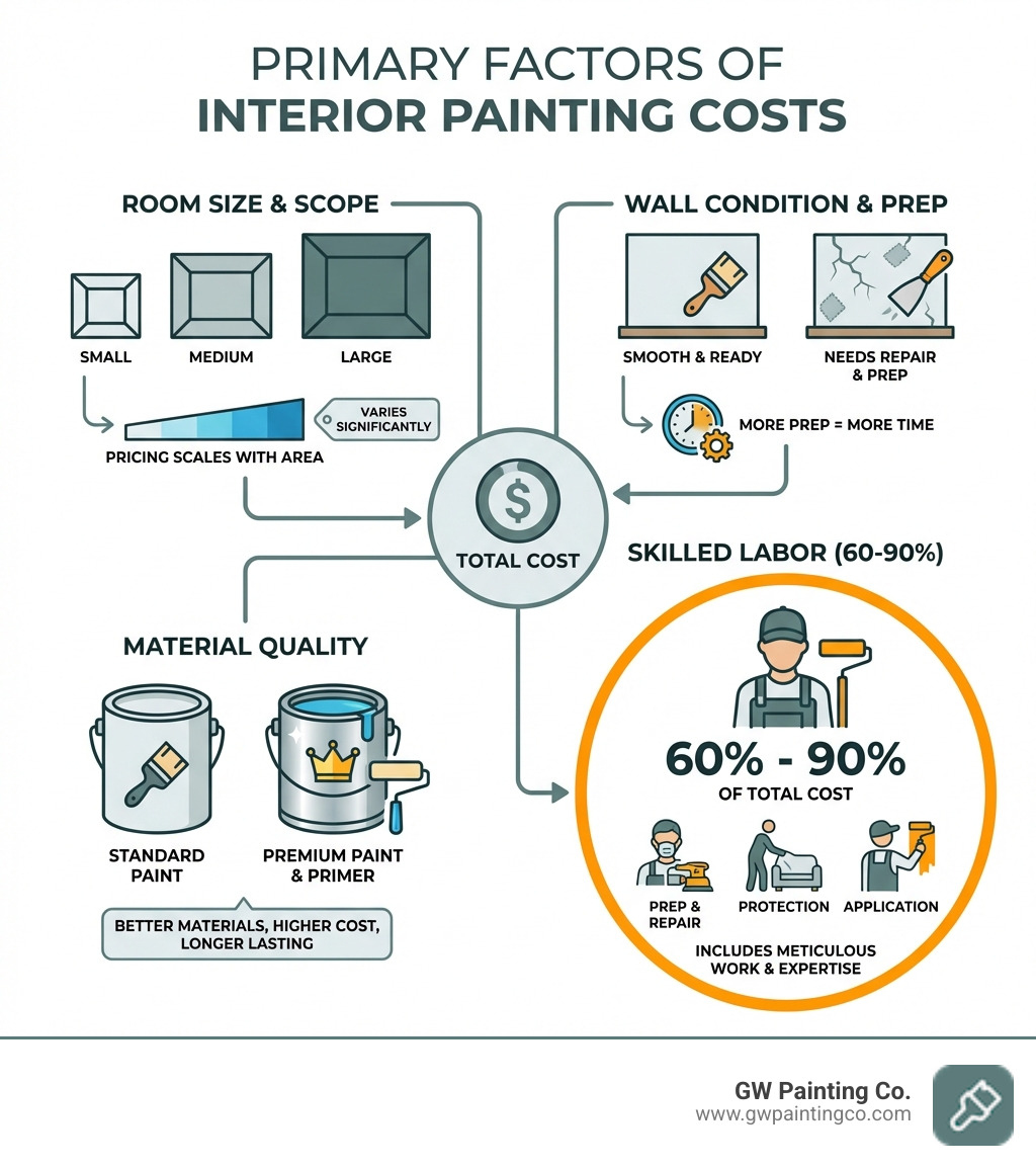 Infographic explaining the primary factors of interior painting costs - average charge for painting a room infographic 