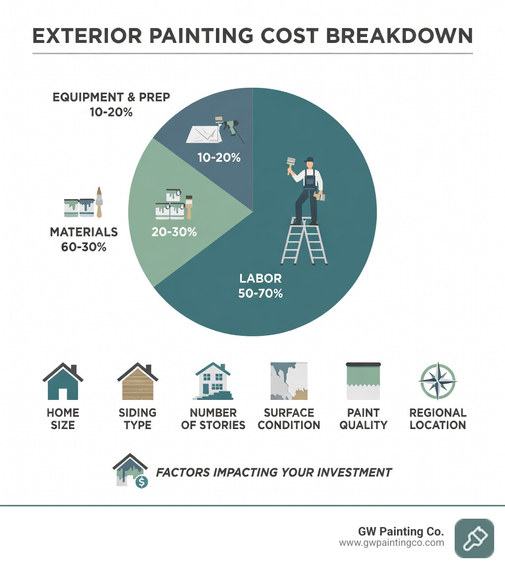 Infographic showing breakdown of exterior painting costs including labor (50-70%), materials (20-30%), equipment and prep work (10-20%), with factors like home size, siding type, number of stories, surface condition, paint quality, and regional location affecting final price - average cost of exterior painting infographic 