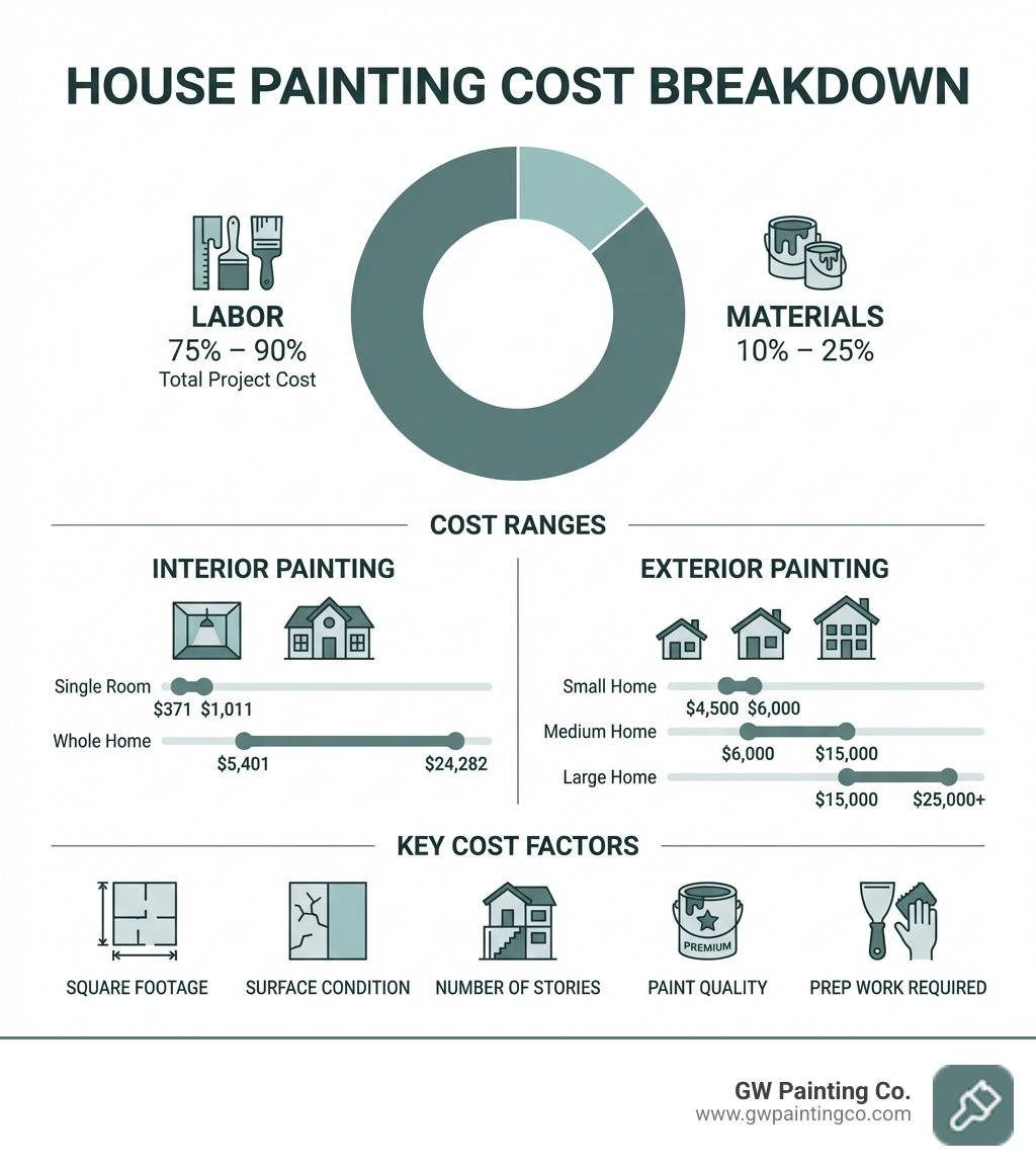 Infographic showing house painting cost breakdown: labor accounts for 75-90% of total project cost, materials 10-25%; with cost ranges for interior painting by room size (single room $371-$1,011, whole home $5,401-$24,282), exterior painting by home size (small $4,500-$6,000, medium $6,000-$15,000, large $15,000-$25,000+), and key cost factors including square footage, surface condition, number of stories, paint quality, and prep work required - house painting cost infographic Infographic showing house painting cost breakdown: labor accounts for 75-90% of total project cost, materials 10-25%; with cost ranges for interior painting by room size (single room $371-$1,011, whole home $5,401-$24,282), exterior painting by home size (small $4,500-$6,000, medium $6,000-$15,000, large $15,000-$25,000+), and key cost factors including square footage, surface condition, number of stories, paint quality, and prep work required - house painting cost infographic