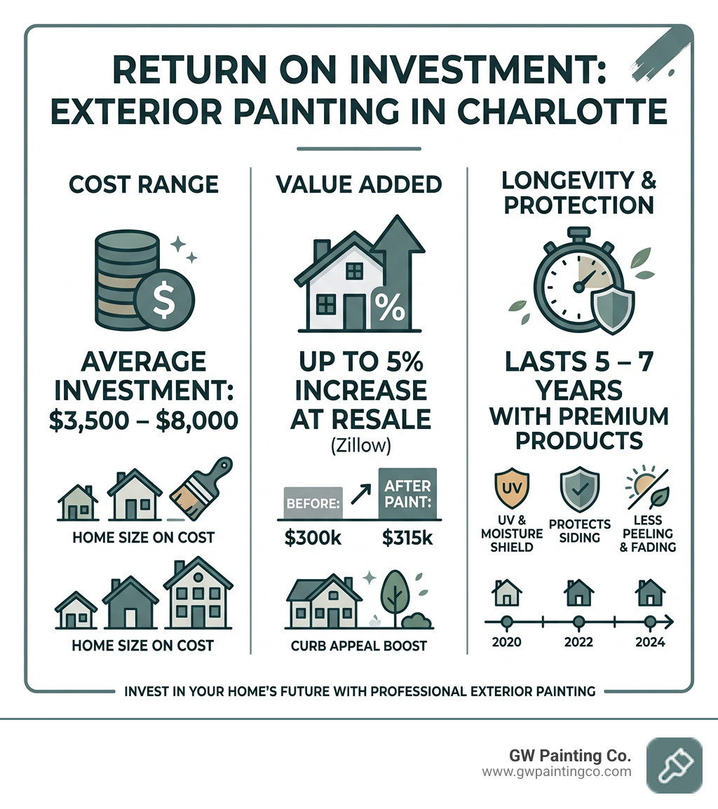 Infographic showing ROI of exterior painting: cost range, value added, and longevity - Charlotte exterior painters
