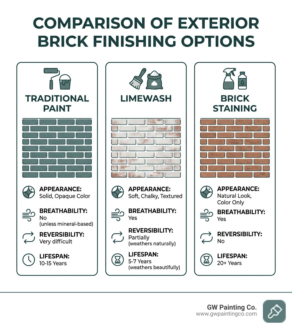Comparison infographic of exterior brick finishing options: traditional paint, limewash, and brick staining - Exterior brick