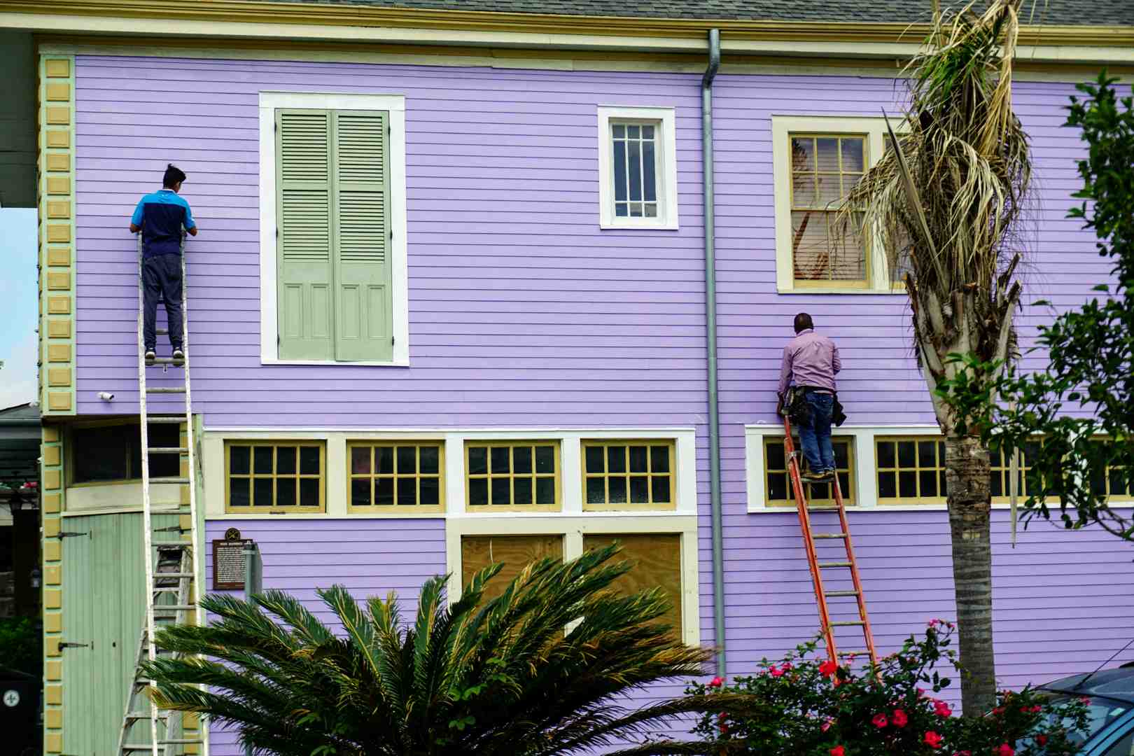 Failing exterior paint with visible peeling and wood rot needing professional repair - professional house painters