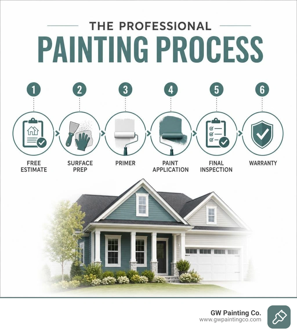 Infographic showing the professional painting process: free estimate, surface prep, primer, paint application, final