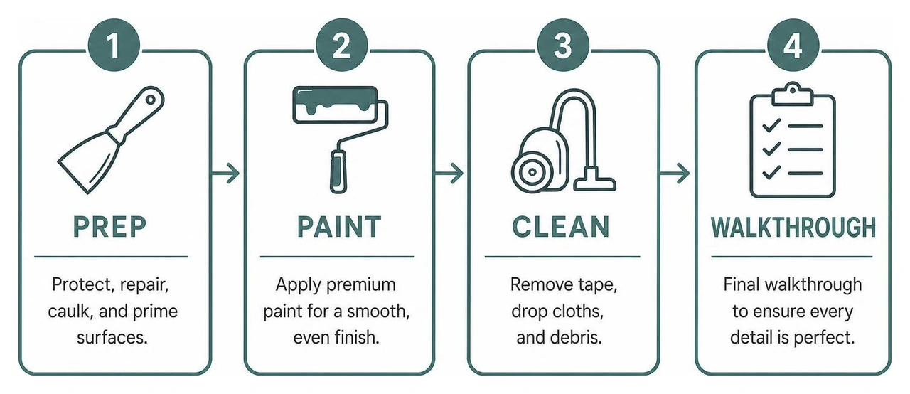 Diagram illustrating the professional painting process: Prep, Paint, Clean, and final Walkthrough Diagram illustrating the professional painting process: Prep, Paint, Clean, and final Walkthrough