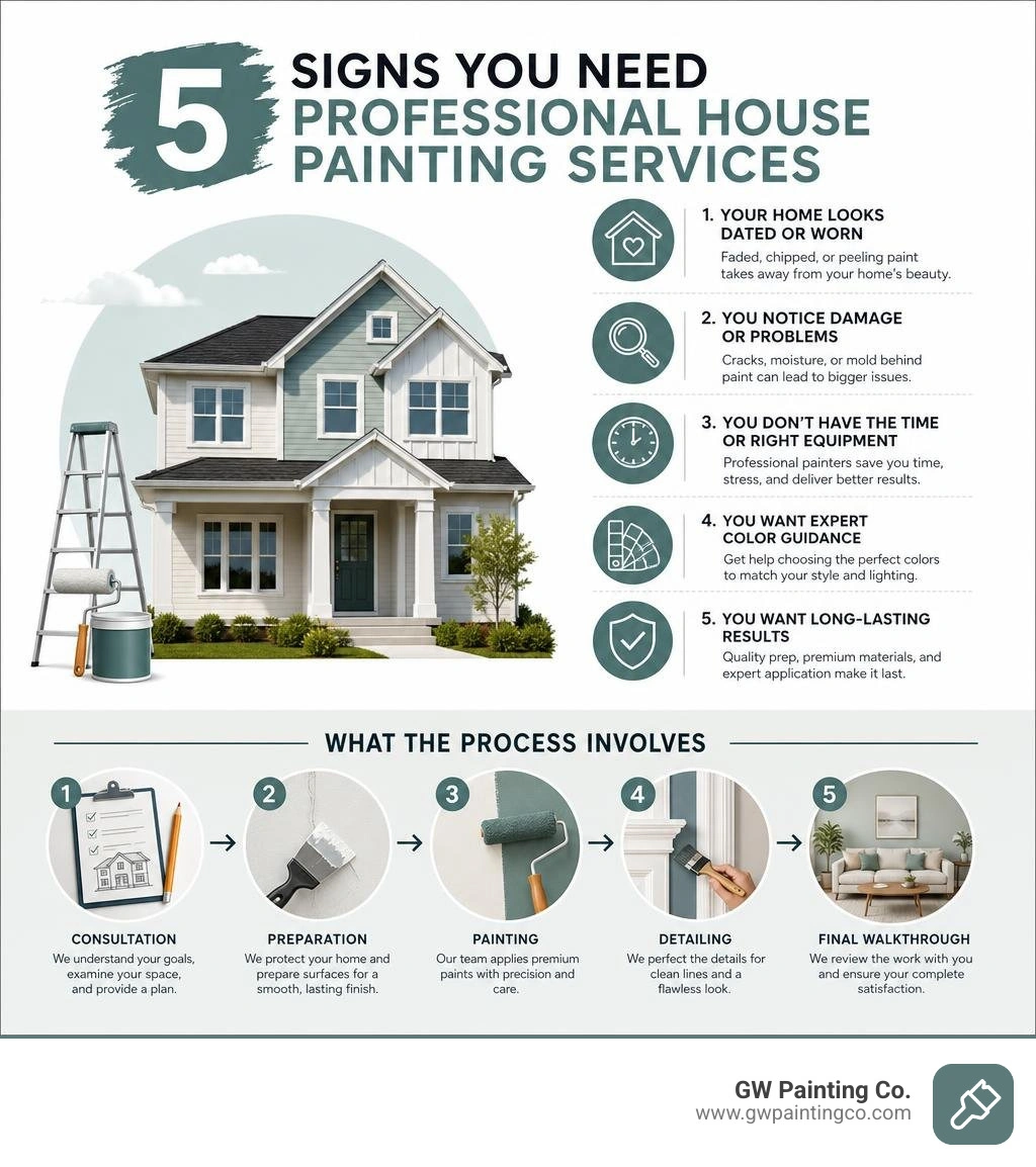 Infographic showing 5 signs you need professional house painting services and what the process involves infographic Infographic showing 5 signs you need professional house painting services and what the process involves infographic