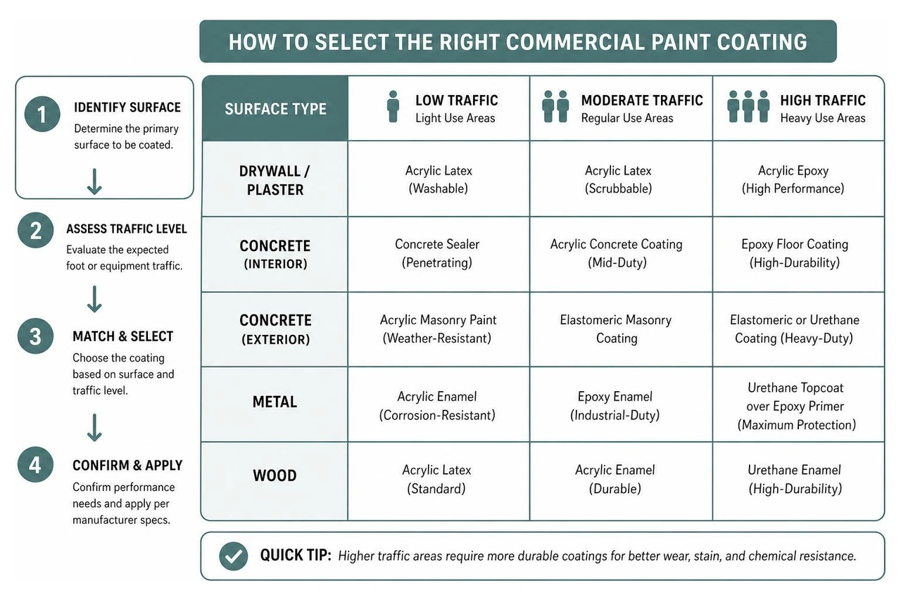Diagram showing how to select the right commercial paint coating based on surface and traffic level Diagram showing how to select the right commercial paint coating based on surface and traffic level
