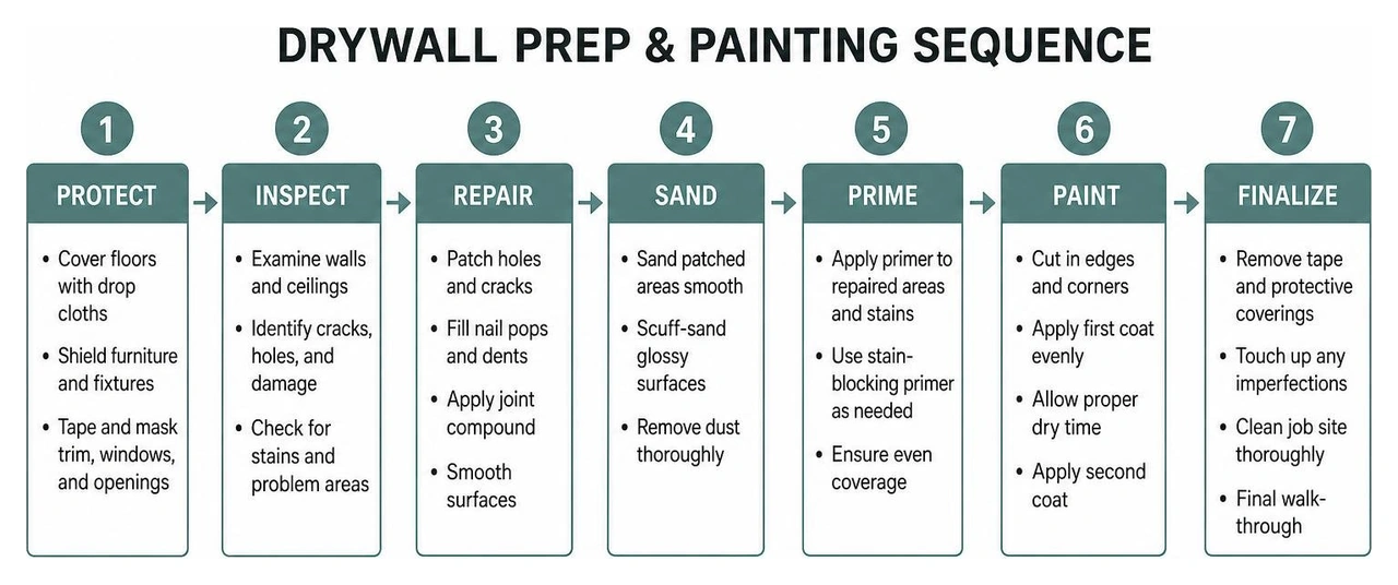 Drywall prep and painting sequence diagram