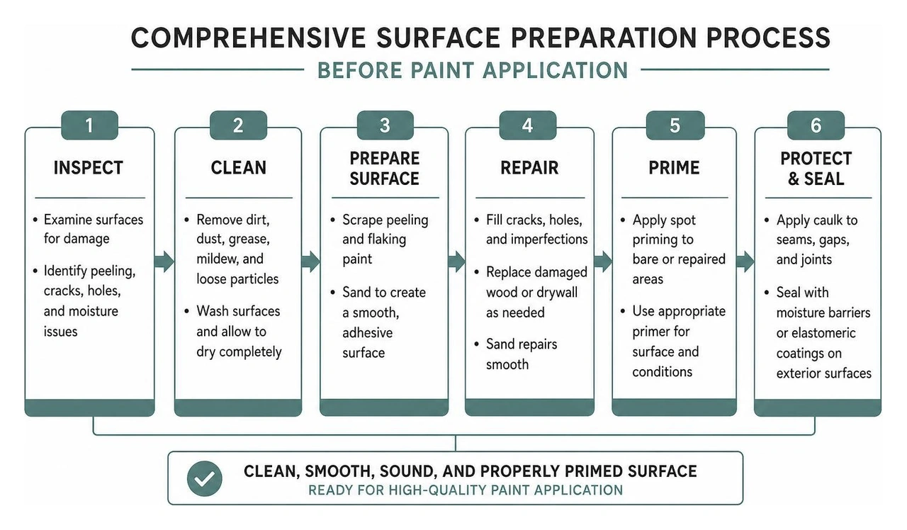 Diagram detailing the comprehensive surface preparation process before paint application Diagram detailing the comprehensive surface preparation process before paint application