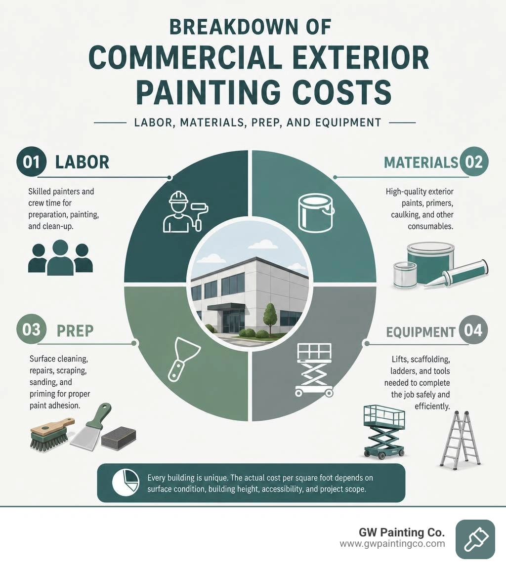 Breakdown of commercial exterior painting costs: labor, materials, prep, and equipment infographic Breakdown of commercial exterior painting costs: labor, materials, prep, and equipment infographic