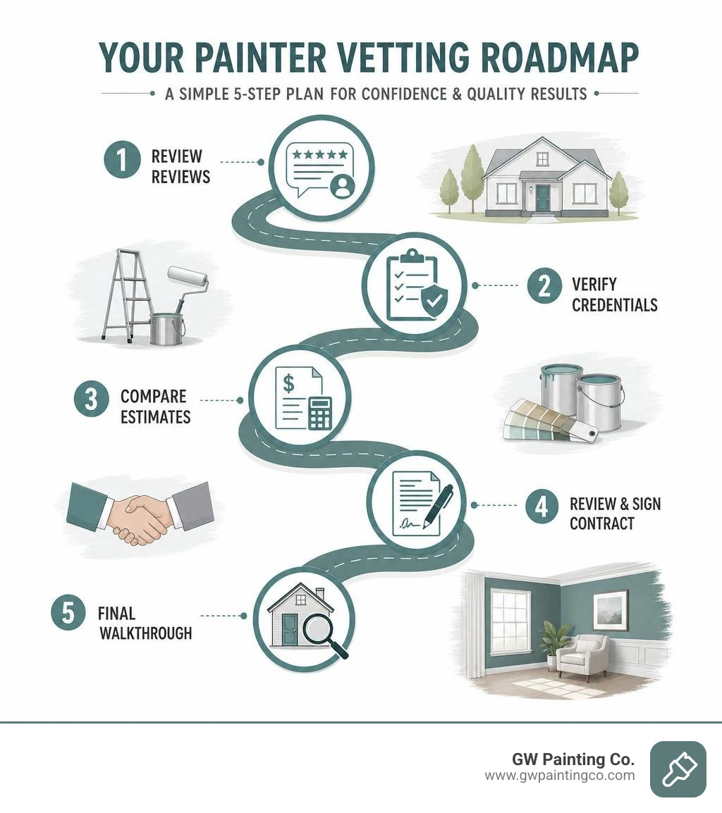 Roadmap for reviewing reviews, credentials, estimates, contract, and final walkthrough infographic Roadmap for reviewing reviews, credentials, estimates, contract, and final walkthrough infographic