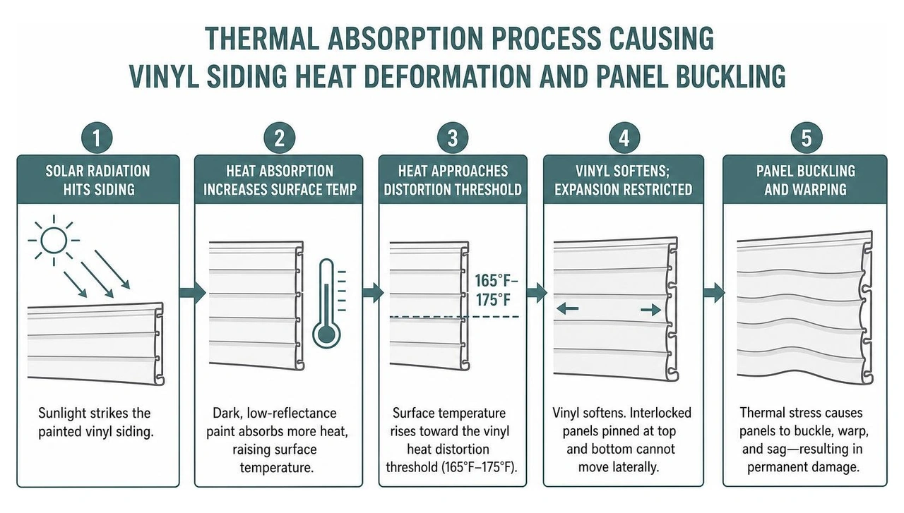 Thermal absorption process causing vinyl siding heat deformation and panel buckling