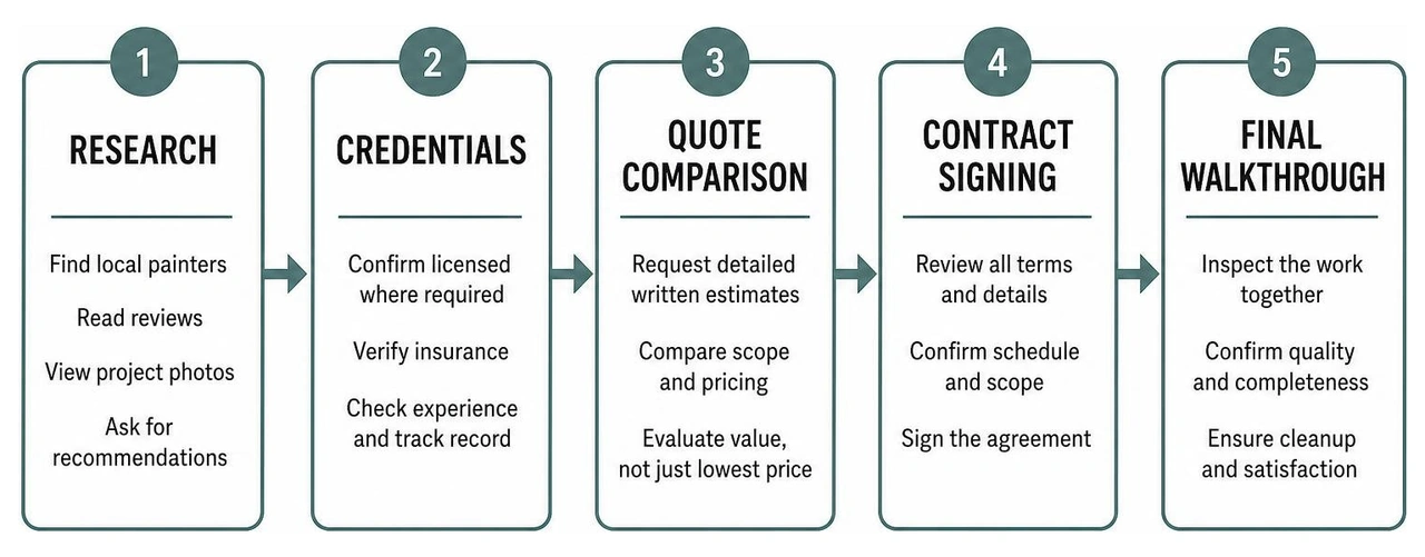 Process diagram showing research, credentials, quote comparison, contract signing, and final walkthrough Process diagram showing research, credentials, quote comparison, contract signing, and final walkthrough