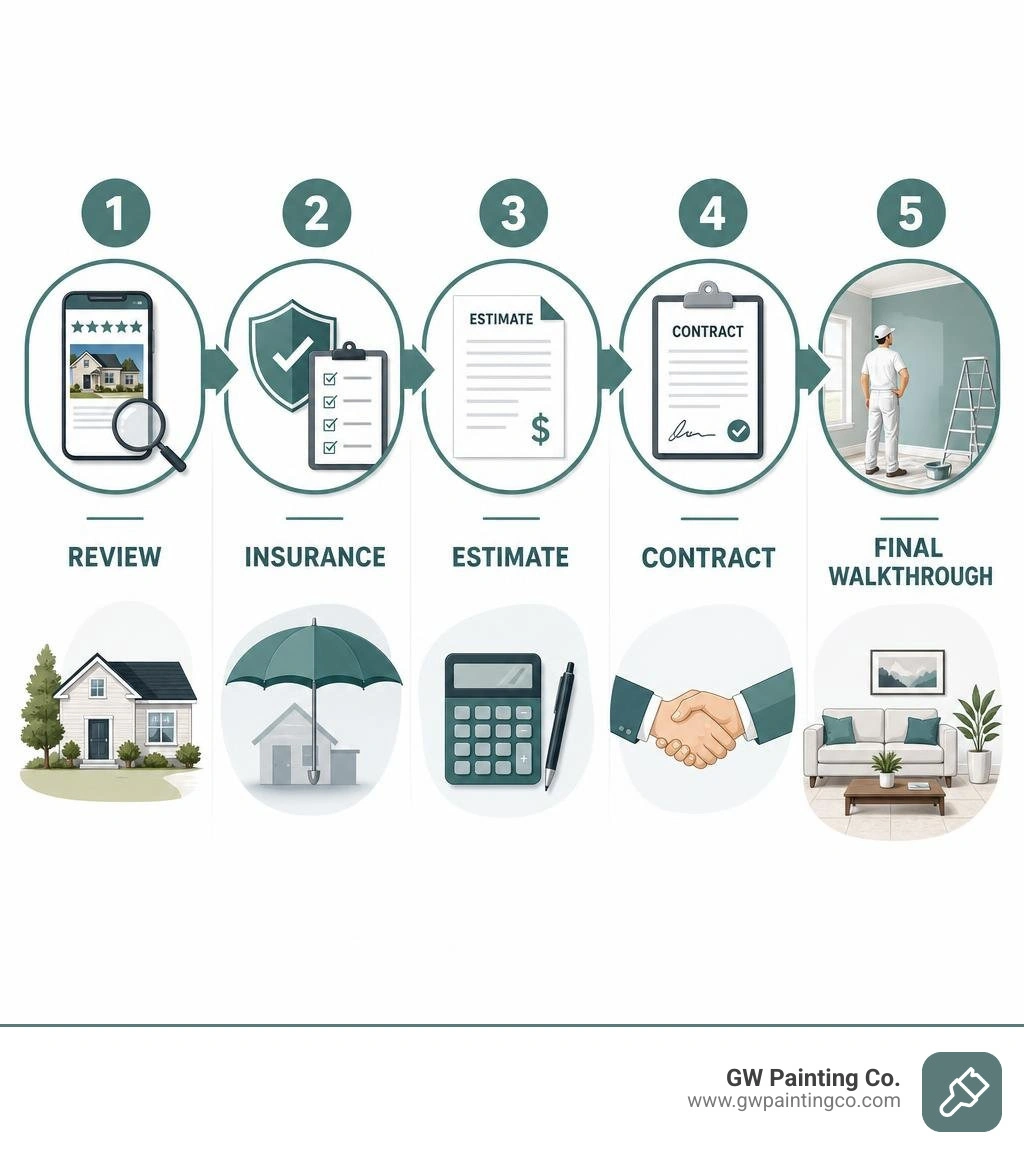 Infographic showing review, insurance, estimate, contract, and final walkthrough steps infographic Infographic showing review, insurance, estimate, contract, and final walkthrough steps infographic