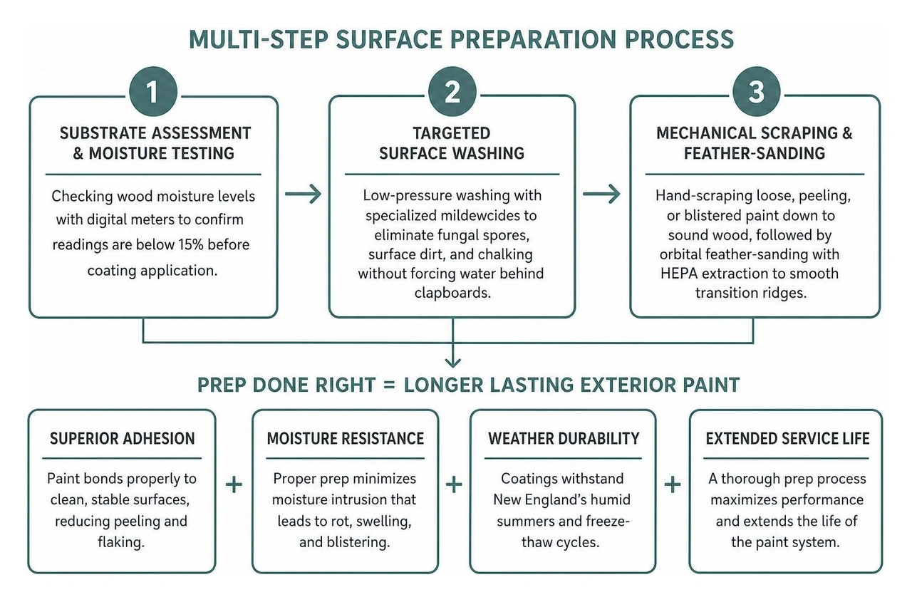 Exterior paint durability and multi-step surface preparation process