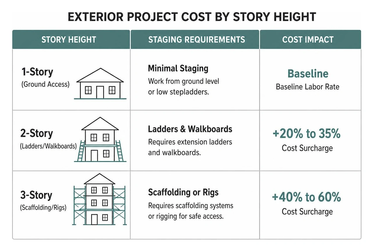 Comparison diagram showing cost scaling by story height and ladder staging requirements