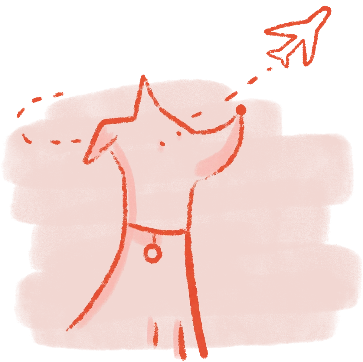 A branded illustration of a dog on a red brush-wash background