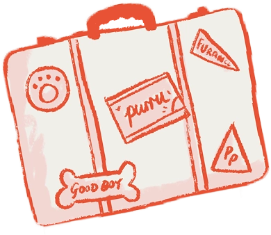 An illustration of a travel case covered with stickers for different destinations in red