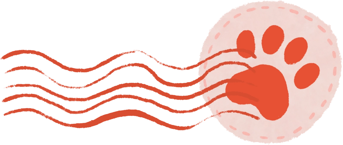 An illustrated sticker of a cat's paw overlaid with a postal stamp