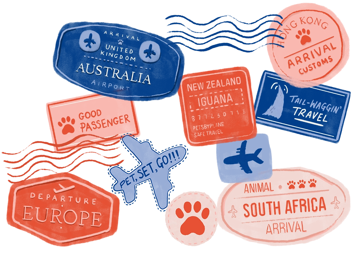 A collection of illustrated destination stamps and stickers related to flying and exporting to other countries