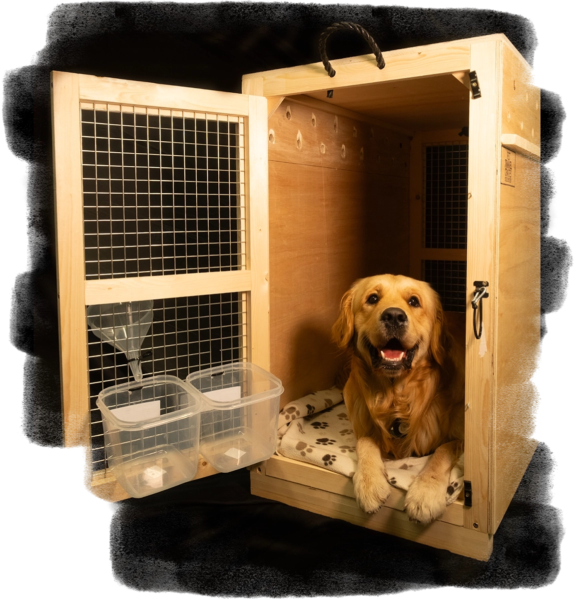 A happy dog sitting in a wooden crate on a black background