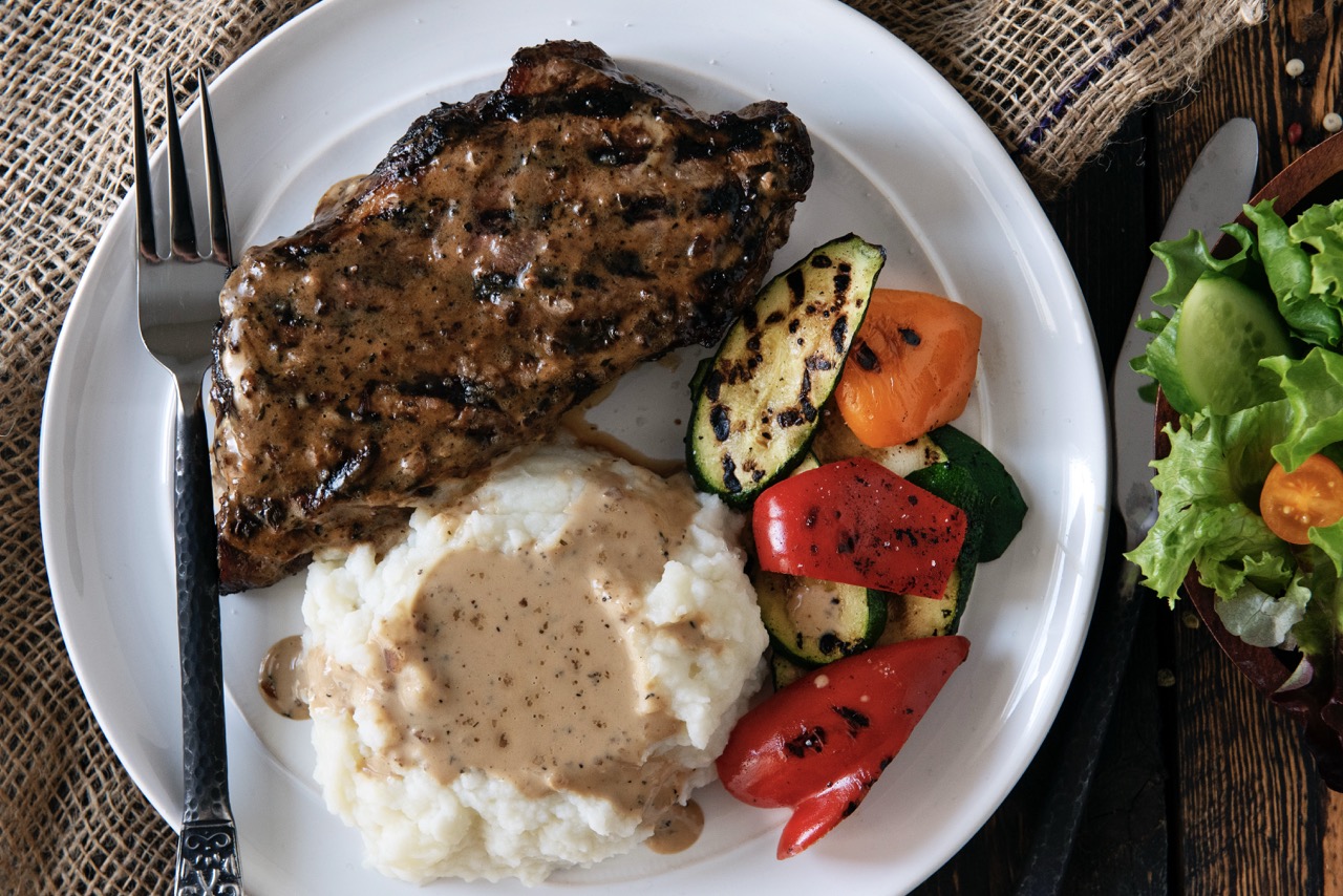 Steak and Potatoes with Peppercorn Gravy