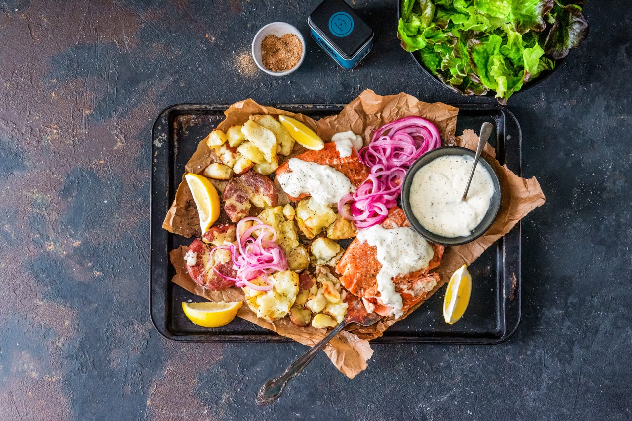 Sheet Pan Salmon with Smacked Potatoes & Spring Greens
