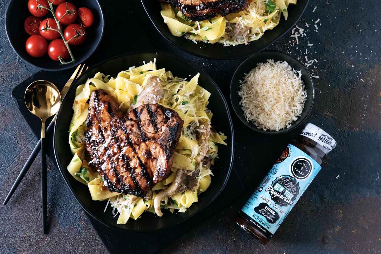 Peppercorn Pork Chops with Buttered Garlic Noodles