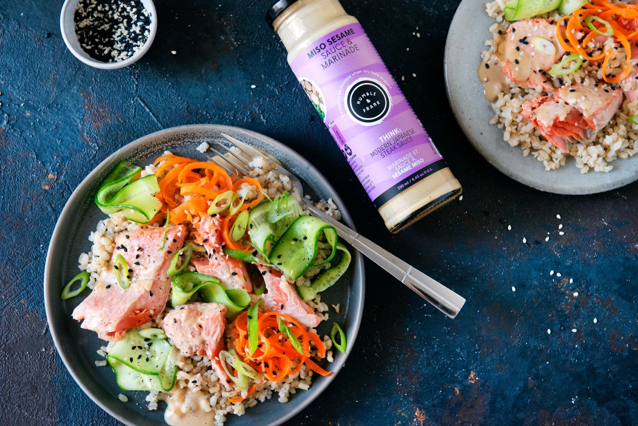 Miso Sesame Salmon with Pickled Vegetables and Brown Rice