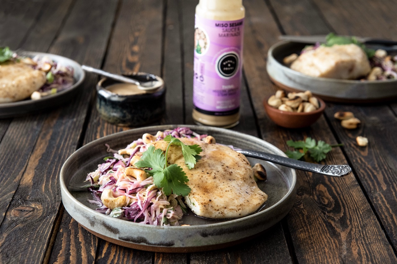 Miso Sesame Halibut with Creamy 'Slaw