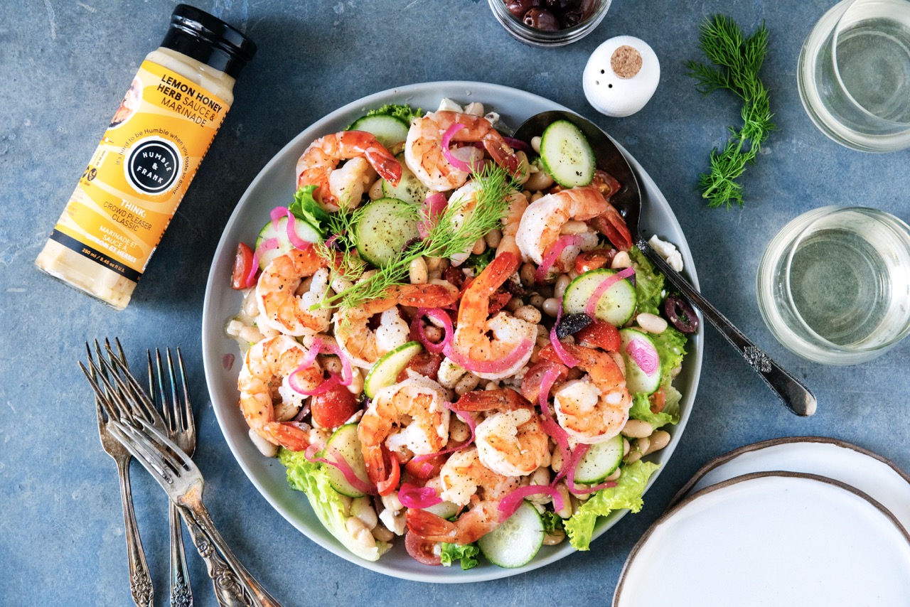 Mediterranean Salad with Lemon Honey Poached Shrimp