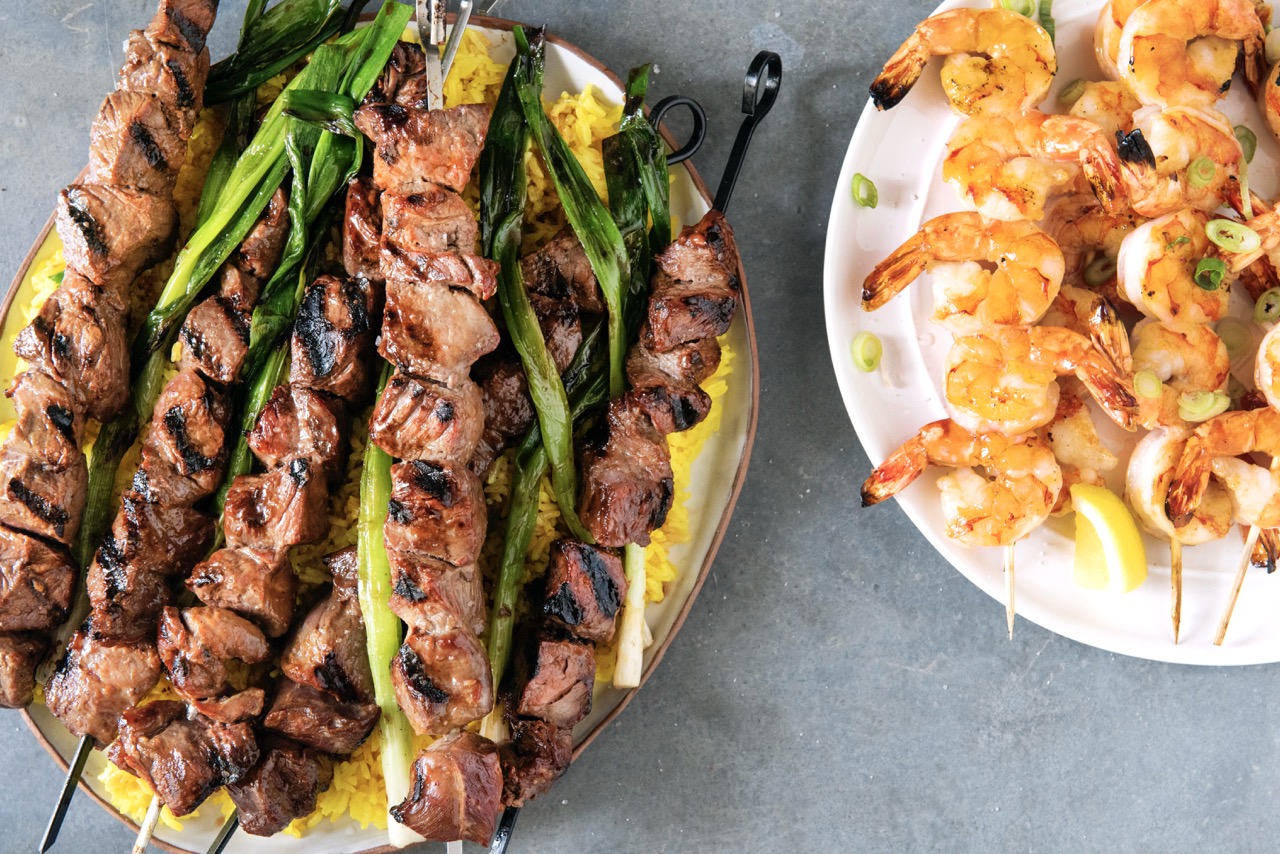 Maui Steak and Prawn Skewers with Turmeric Rice
