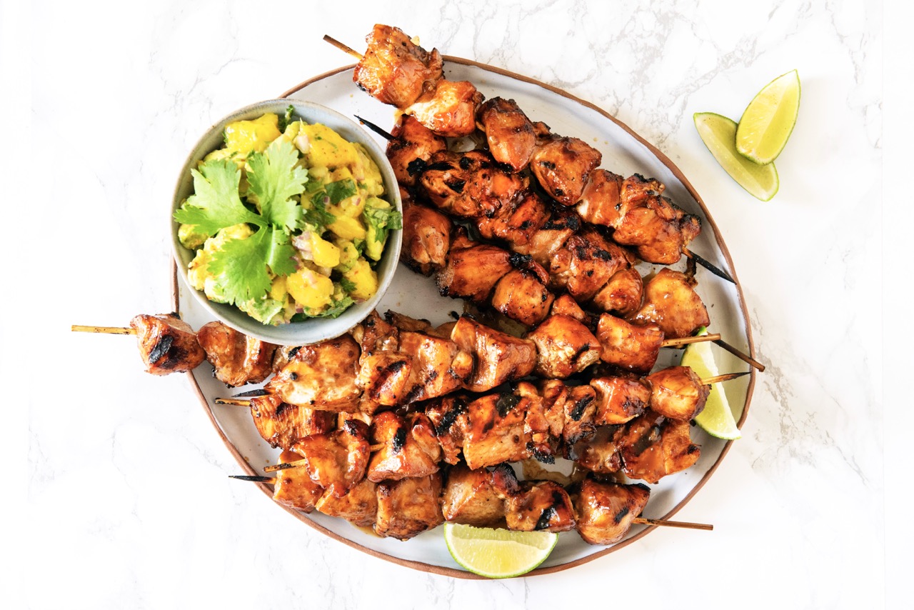 Maui Chicken Skewers with Mango Avocado Salsa