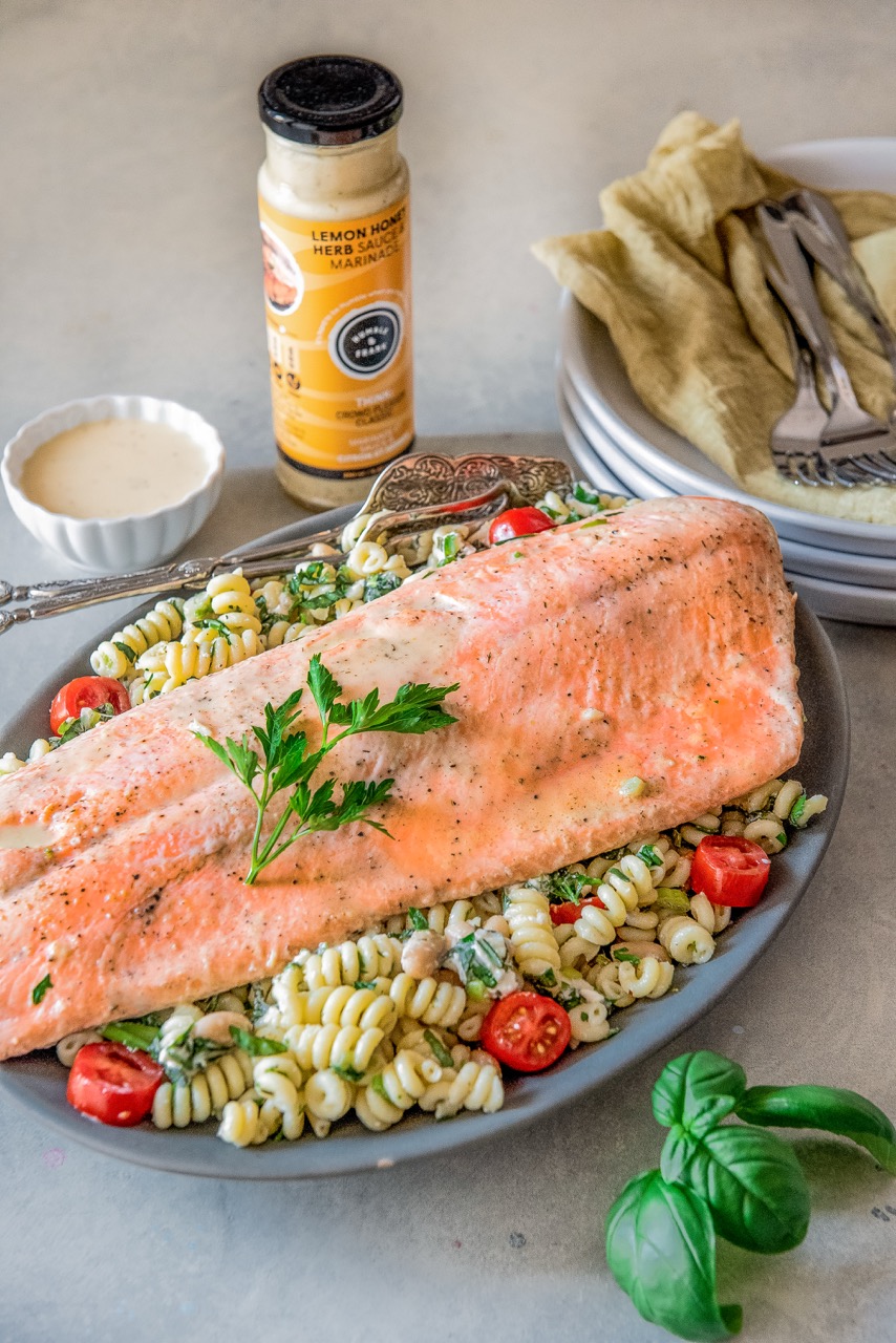 Lemon Honey Herb Salmon with Pasta White Bean Salad
