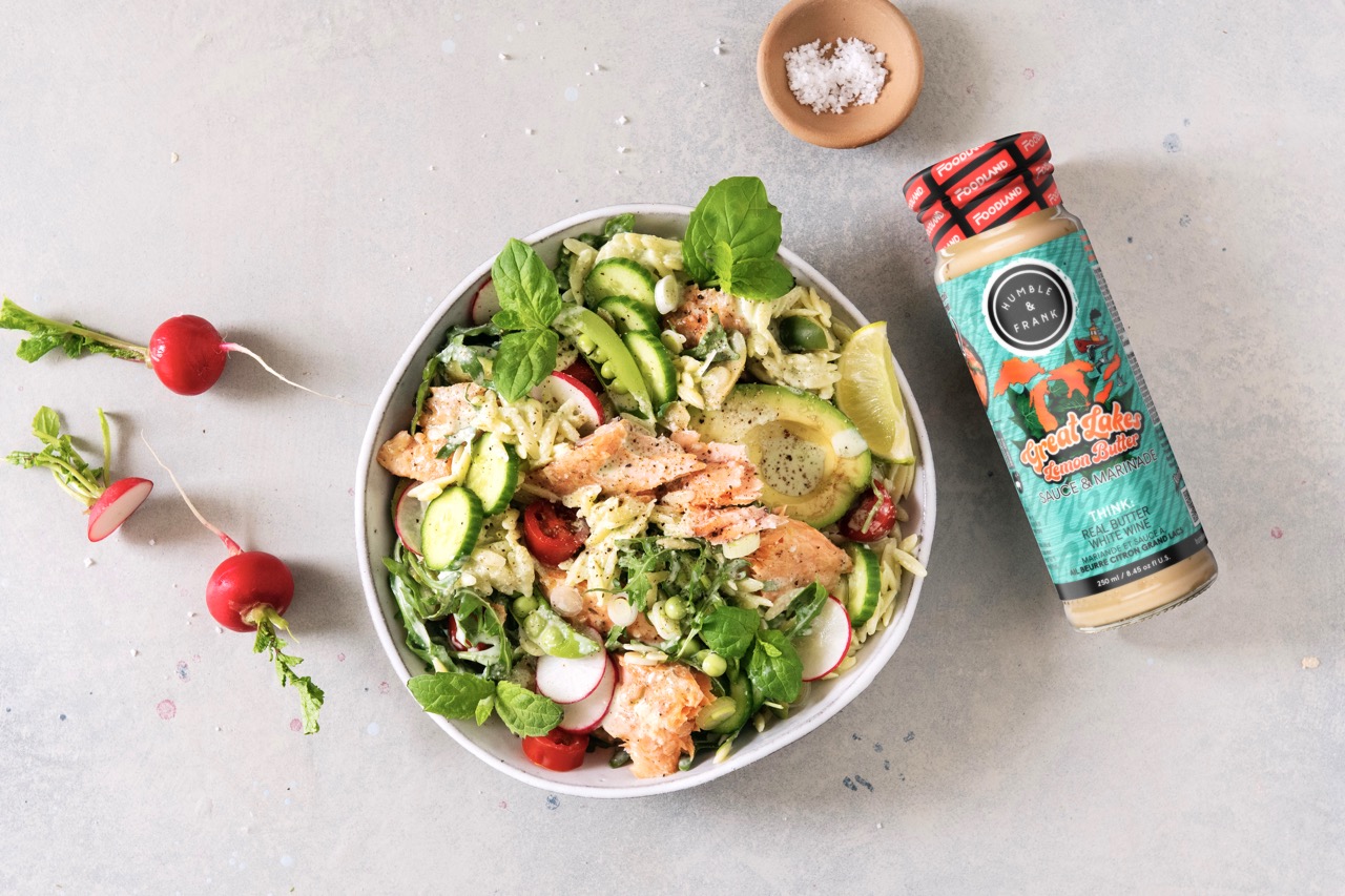 Lemon Butter Salmon Orzo Salad with Feta Dressing