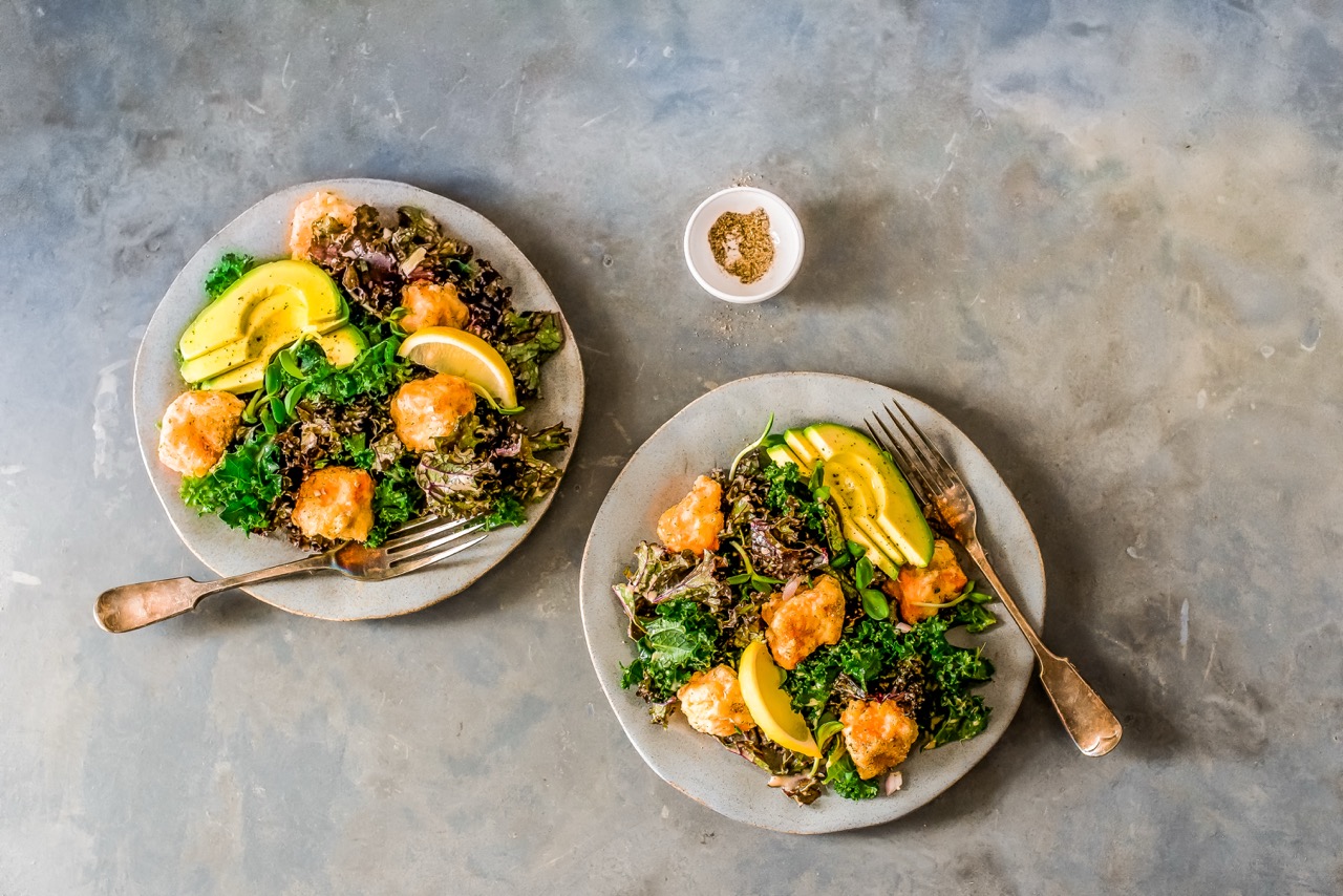 Kale Caesar Salad with Salmon Croutons