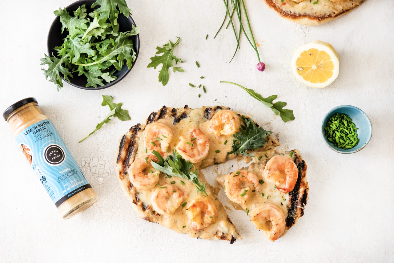 Creamy Garlic Prawn Flatbread