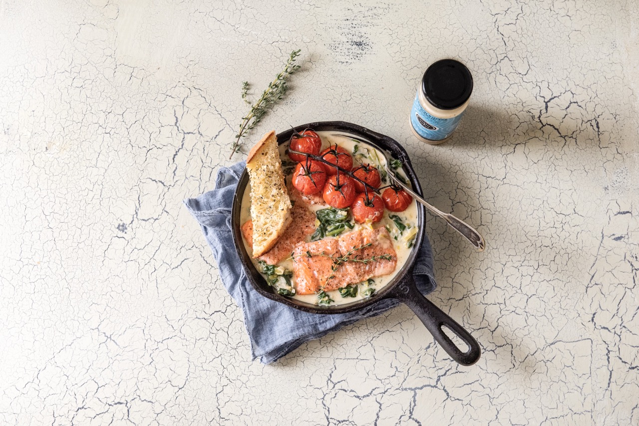 Creamed Spinach and Leeks with Roasted Salmon