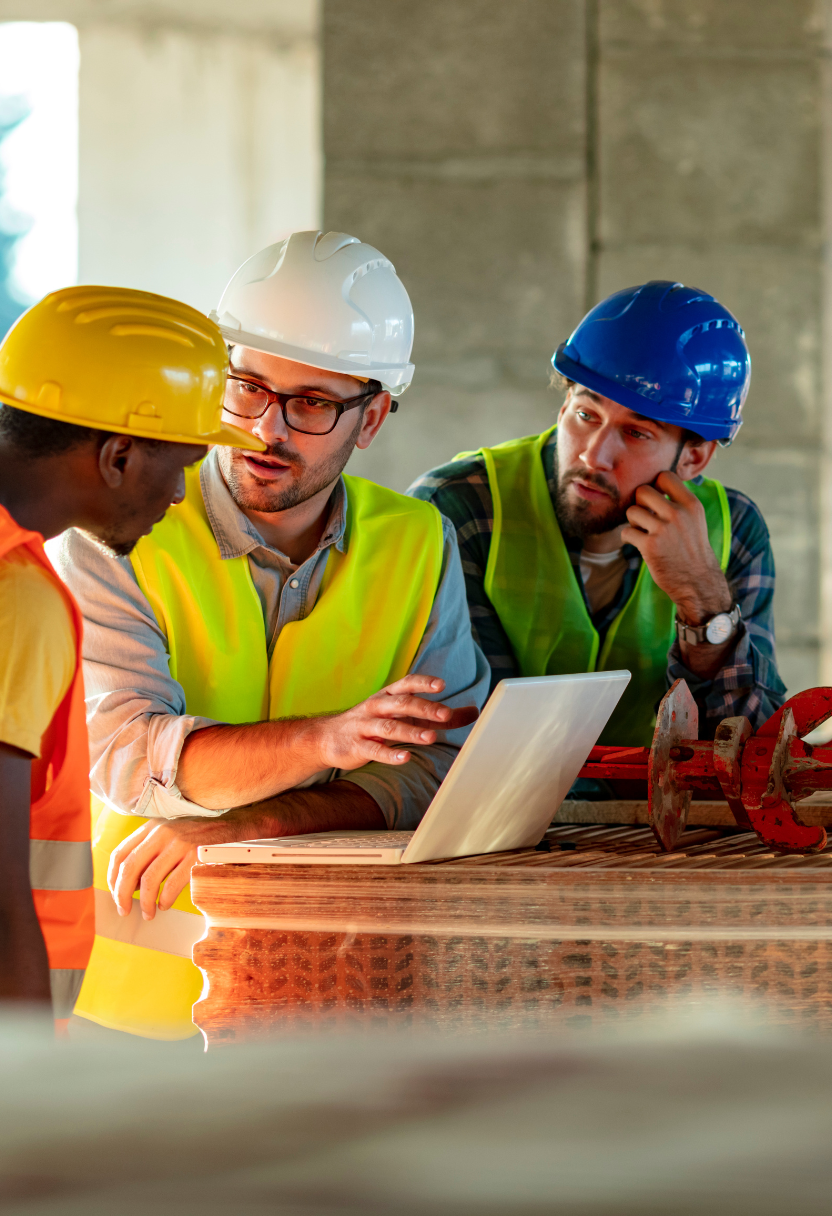Construction workers collaborating at the job site.