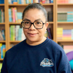 Rochelle Jeffers staff photo in Panthers school sweatshirt