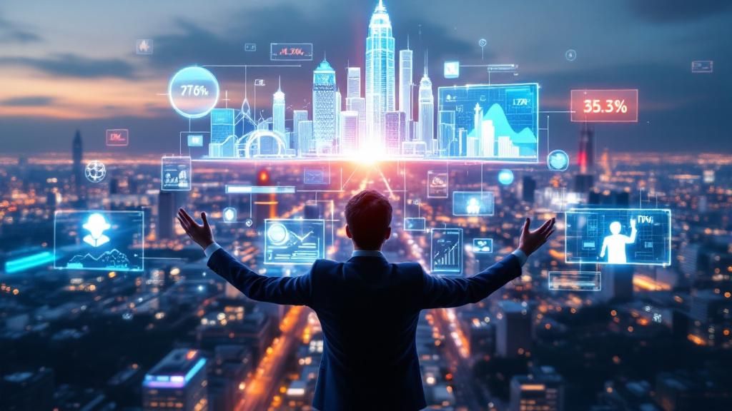 A futuristic city skyline representing the future of business, with digital screens showing business trends and leadership evolution.