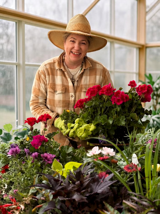 Stillman's Farm greenhouse in spring, filled with geraniums and flowering plant starts ready for the garden