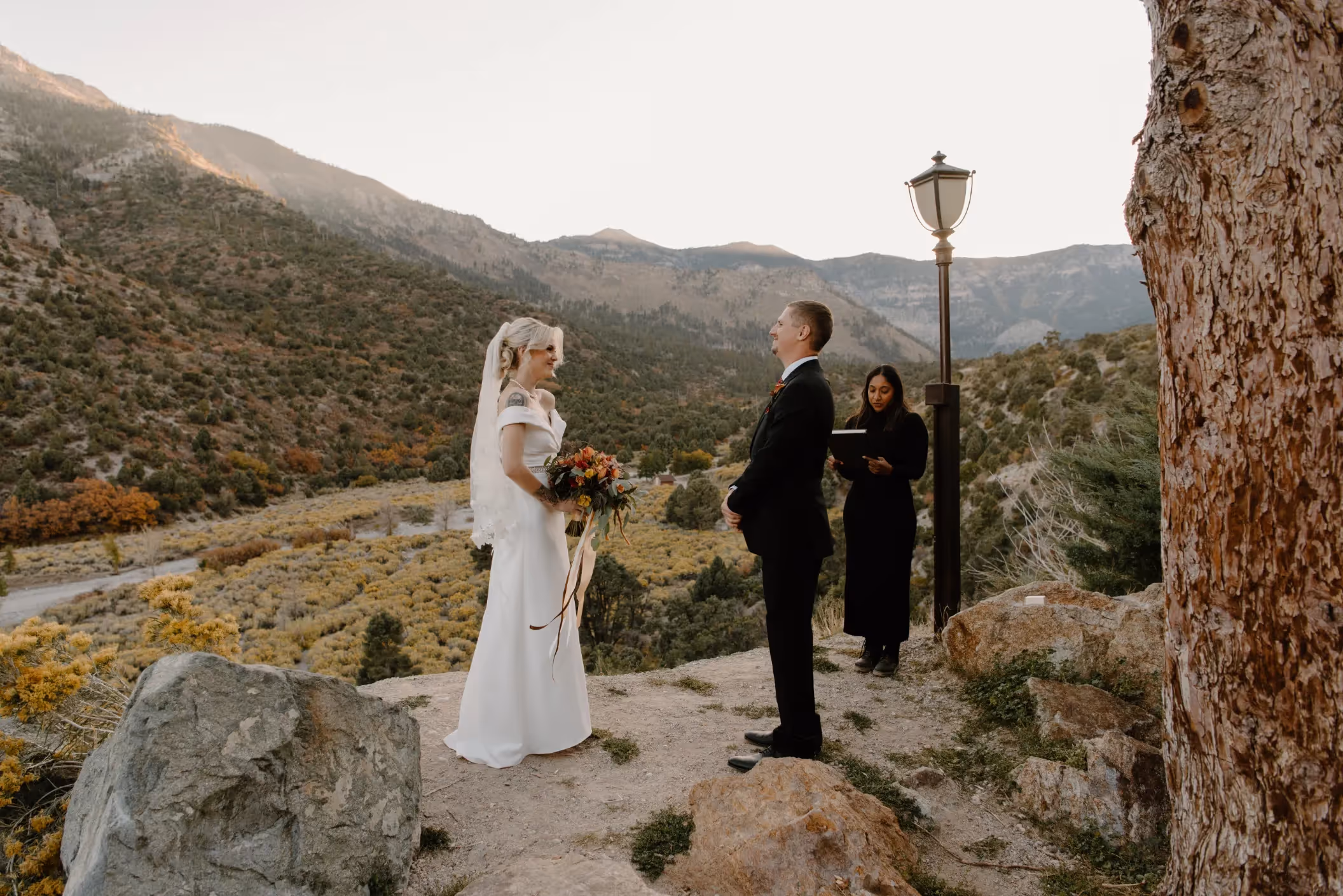 Courtney and Tyler's stress-free elopement ceremony at Mount Charleston, exchanging vows with officiant overlooking stunning Las Vegas valley
