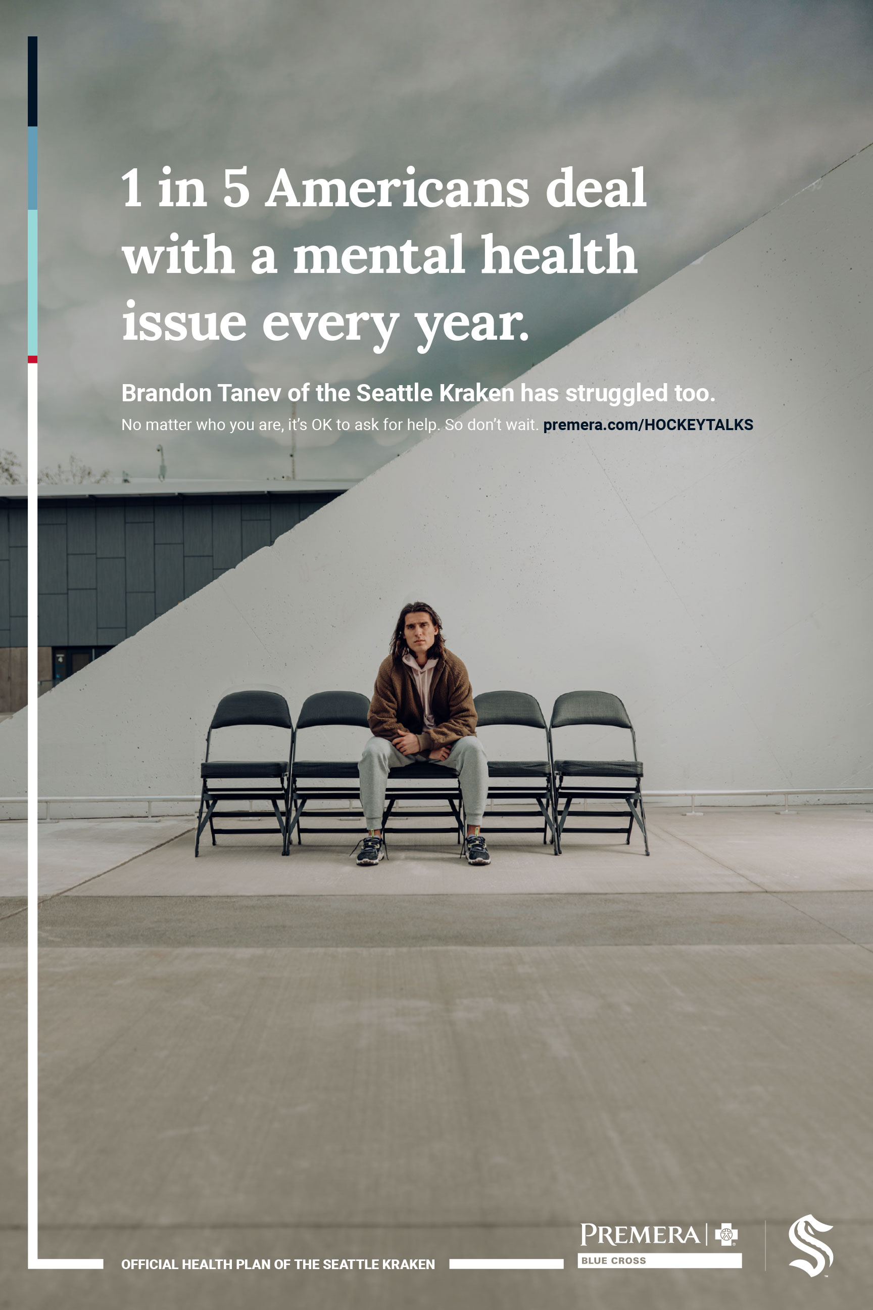 Poster with a lone man sitting with four empty chairs signifying the 1 in 5 people who deal with a mental health issue every year