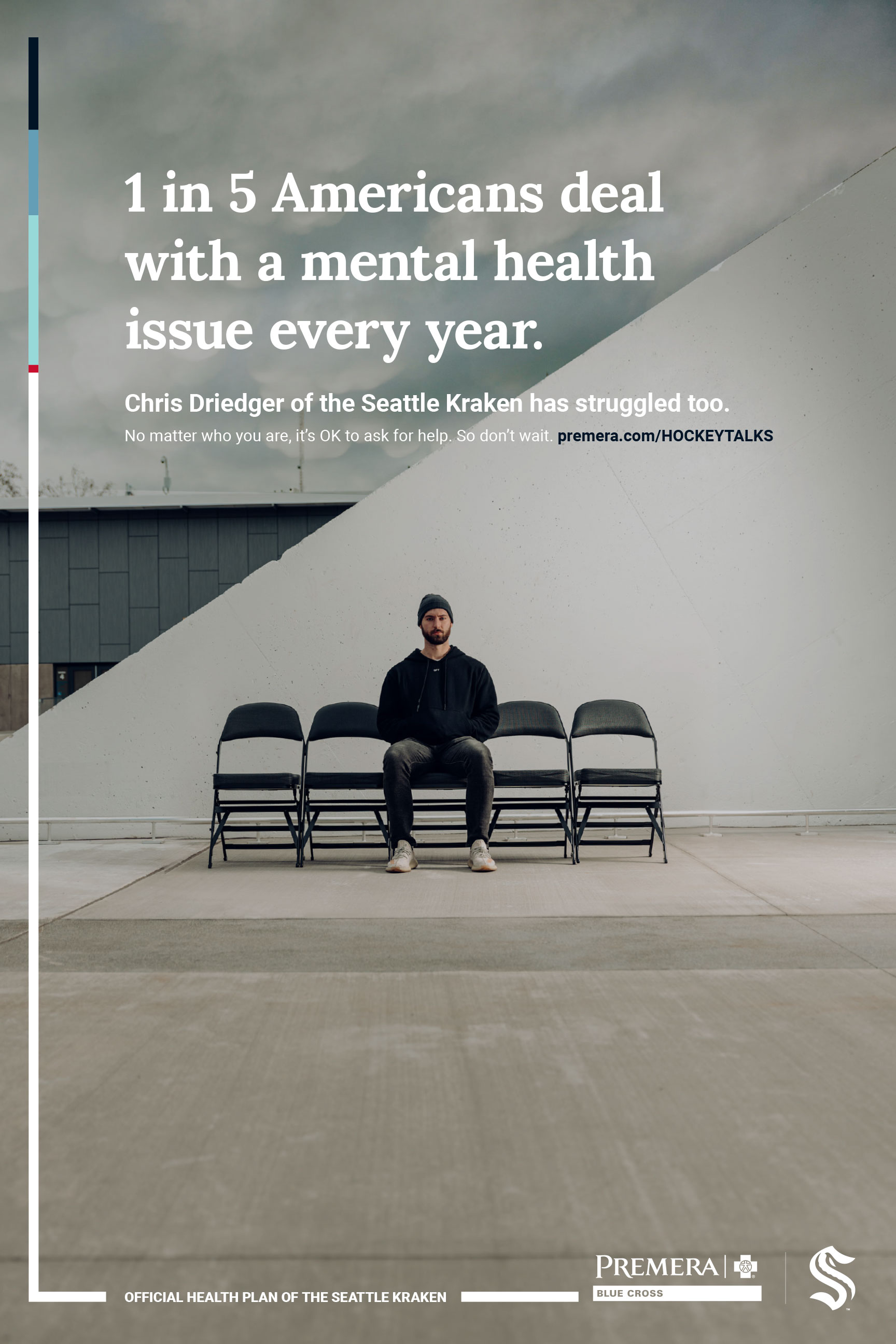Poster with a lone man sitting with four empty chairs signifying the 1 in 5 people who deal with a mental health issue every year