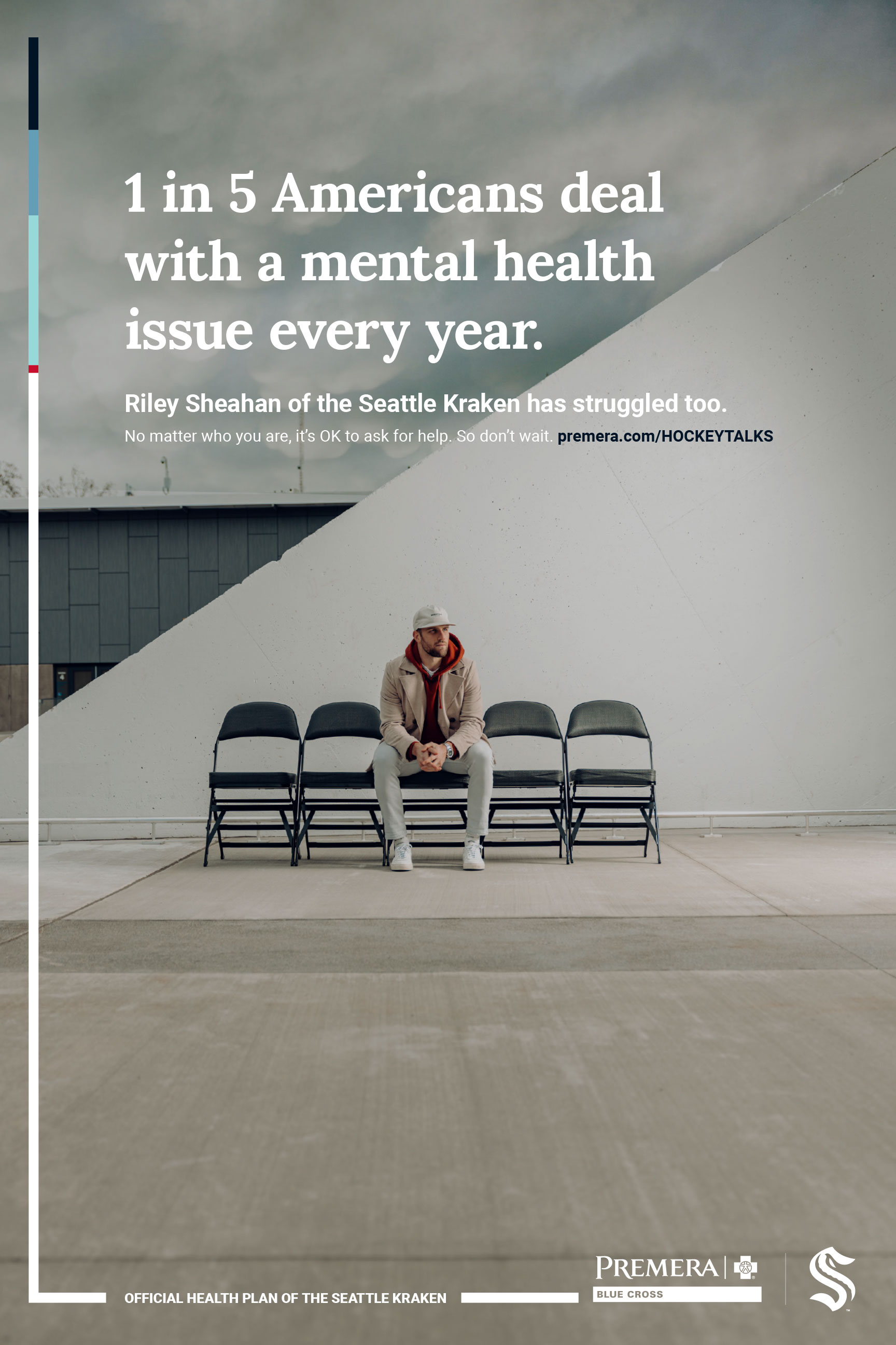 Poster with a lone man sitting with four empty chairs signifying the 1 in 5 people who deal with a mental health issue every year