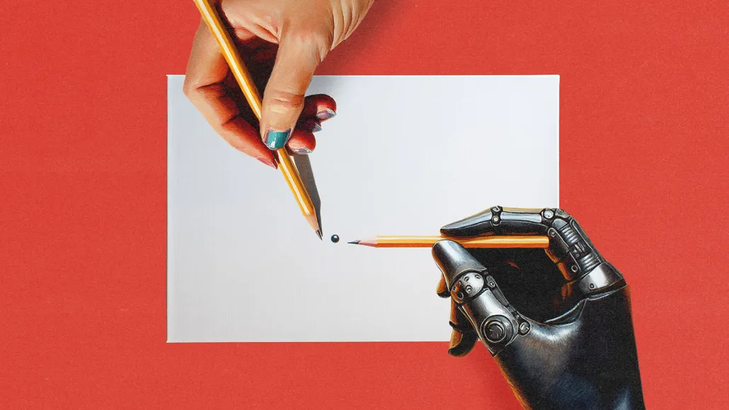 a human hand and a robot hand writing on a piece of paper