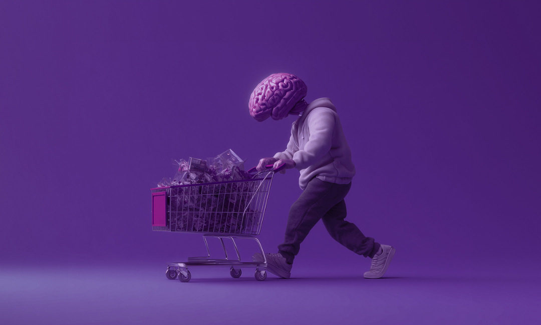 Person with a brain as a head pushing a shopping cart