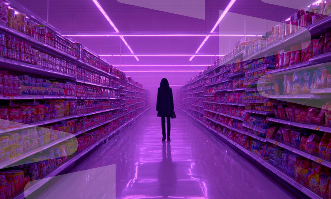 Silhouette of woman in grocery aisle with purple lighting