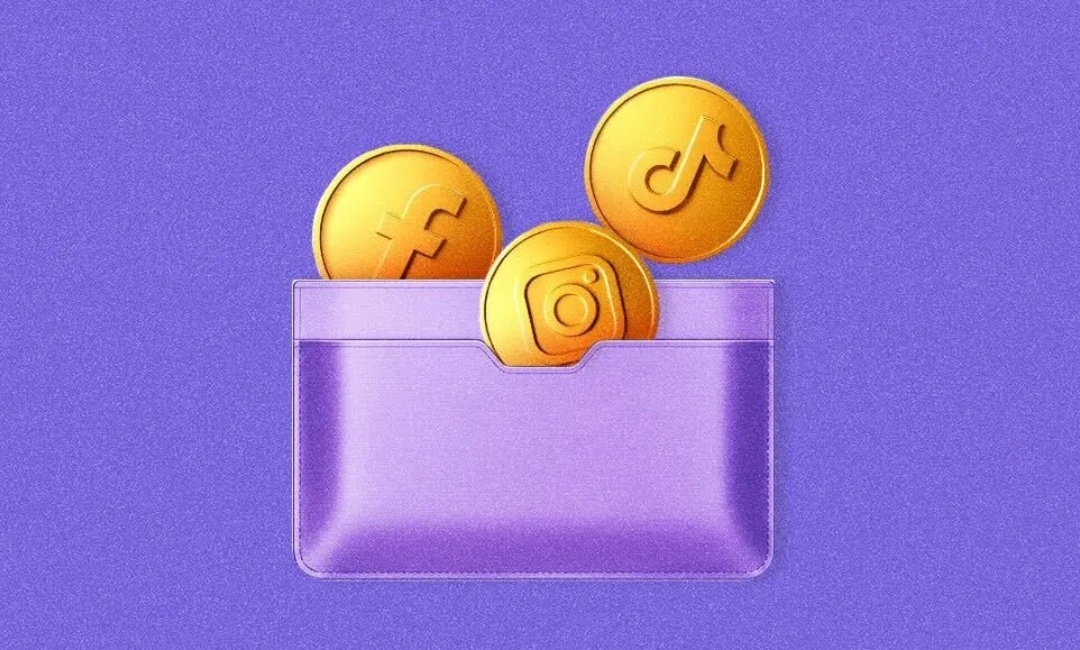 Gold coins with social media logos going into a wallet