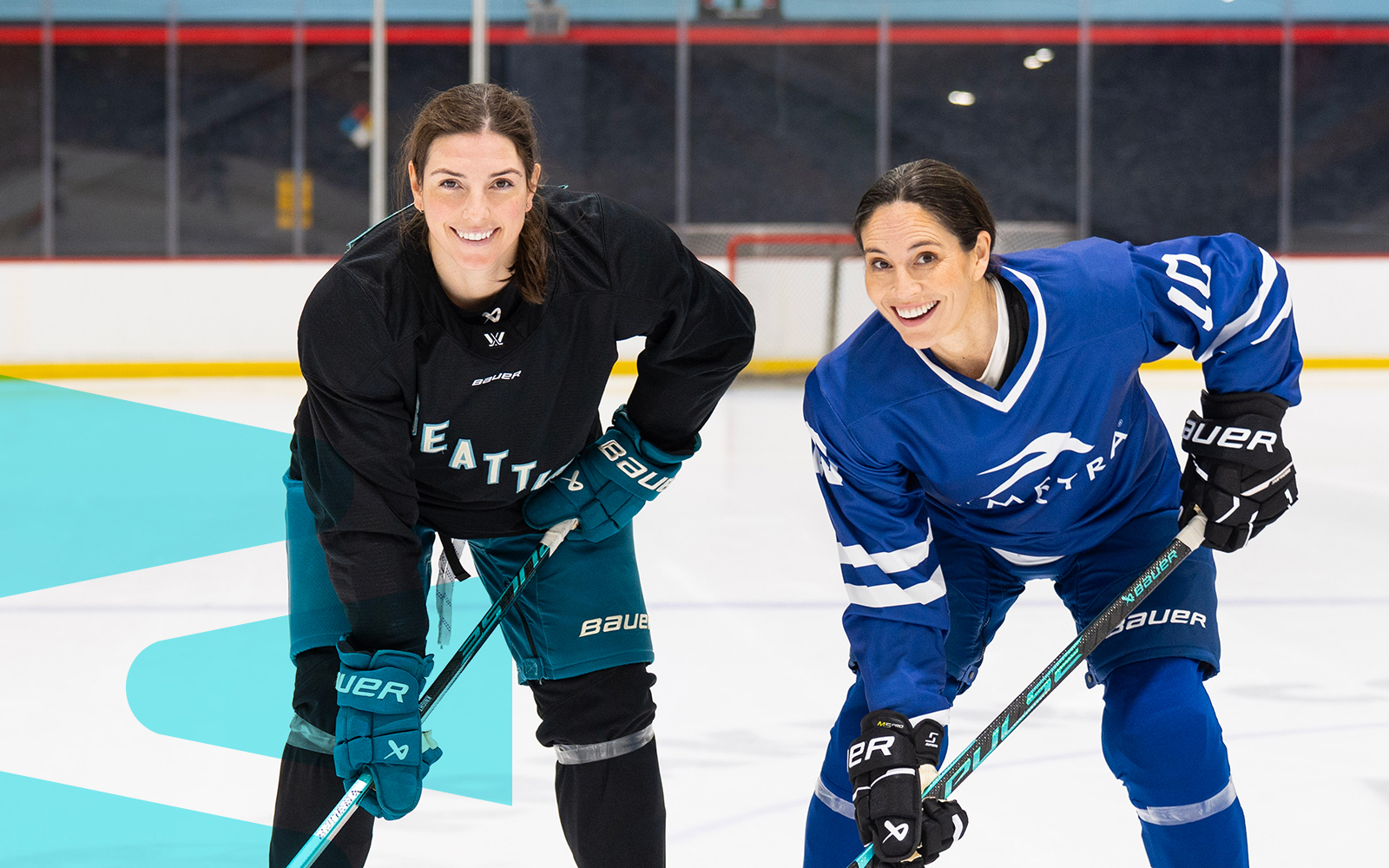Sue Bird and Hilary Knight playing hockey